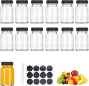 Bottiglie in Plastica da 60 ml per Riempiere - 13 Piccole Fiale in Vetro Riciclabili con Etichette per Succo - Zenzero - Spezie - Nero