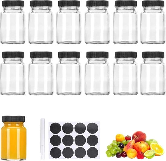 Bottiglie in Plastica da 60 ml per Riempiere - 13 Piccole Fiale in Vetro Riciclabili con Etichette per Succo - Zenzero - Spezie - Nero