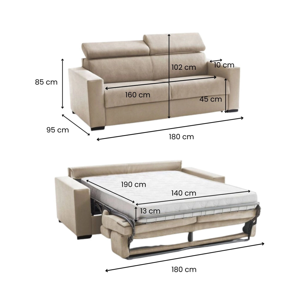 Aieie, Divano Letto 2 Posti Sfoderabile Made in Italy, 180x95 cm Beige