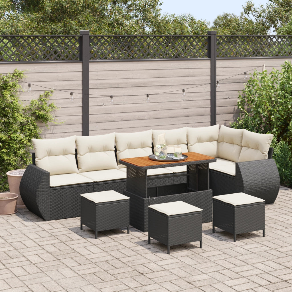 Set di Divani da Giardino da 10 Pezzi con Cuscini Nero Polyrattan Acacia