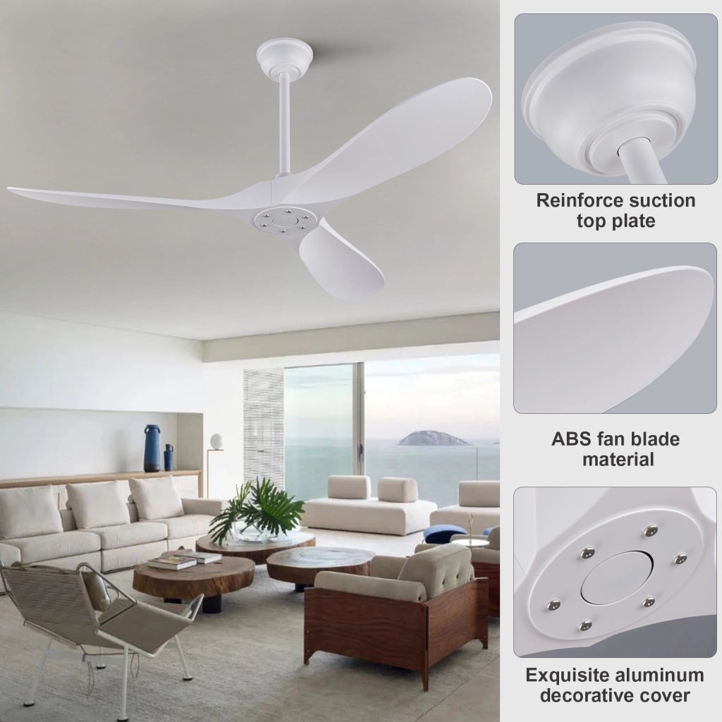 Ventilatore da soffitto bianco 60 pollici senza luce con telecomando, pale ABS, motore DC reversibile, timer, moderno per camere e terrazze