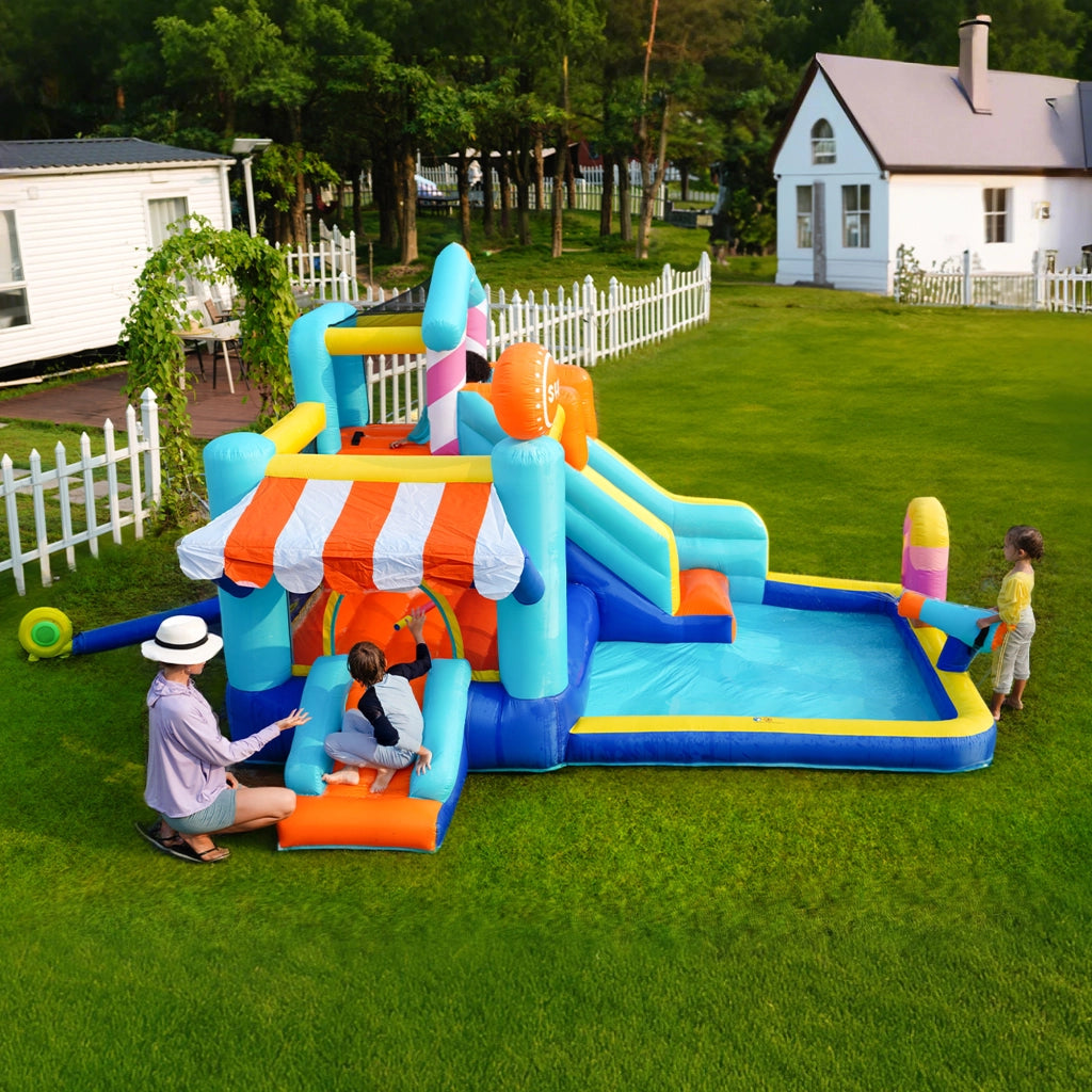 Castello gonfiabile con doppio scivolo area giochi d'acqua trampolino in tessuto oxford blu per bambini con motore 450 W