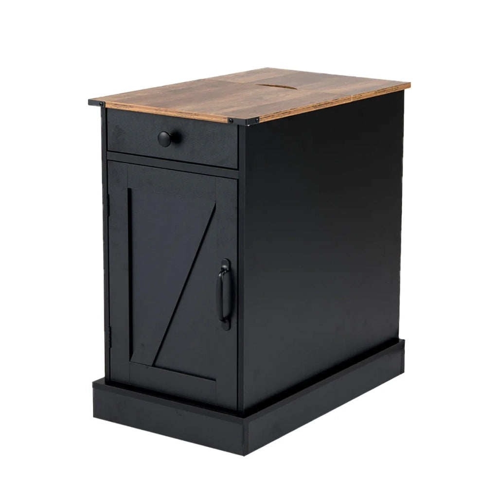 Tavolino laterale con stazione di ricarica 35 x 60 x 62 cm pratico contenitore stile rustico atmosfera vintage legno nero 20_0020594