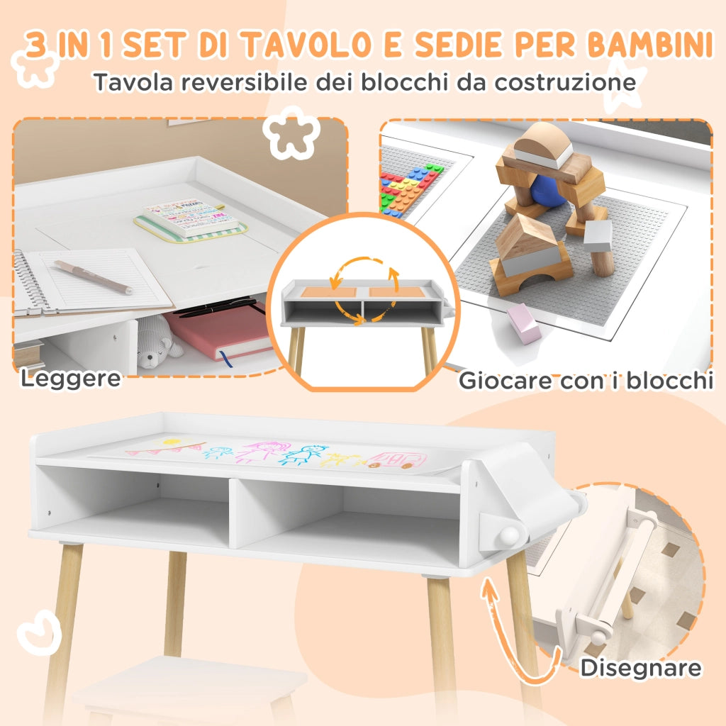 Tavolino Bambini con Sgabello e Piano Reversibile ¨C zephmum ¨C Bianco