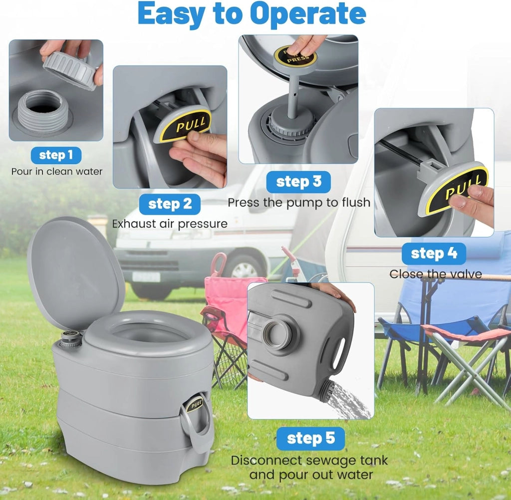 WC Portatile, Bagno Chimico con Pompa di Risciacquo, Serbatoio Acque Reflue 20L, Maniglia, Carico 150 kg, Altezza Seduta 40 CM, Toilette Portatile per Campeggio, Viaggi, Auto
