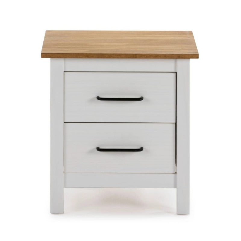 Comodino Miranda 2 cassetti in legno massiccio bianco e top pino