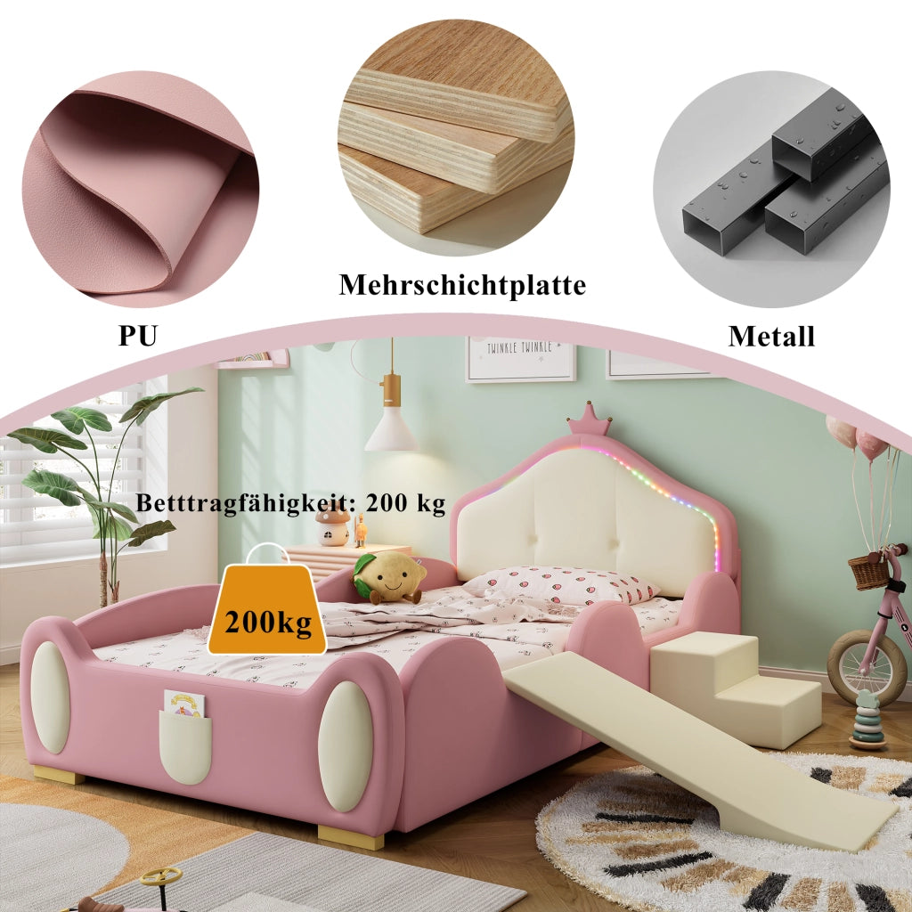 Letto per Bambini 90x200 cm - LED Multimodale; Scivolo e Scala - in PU - Rosa