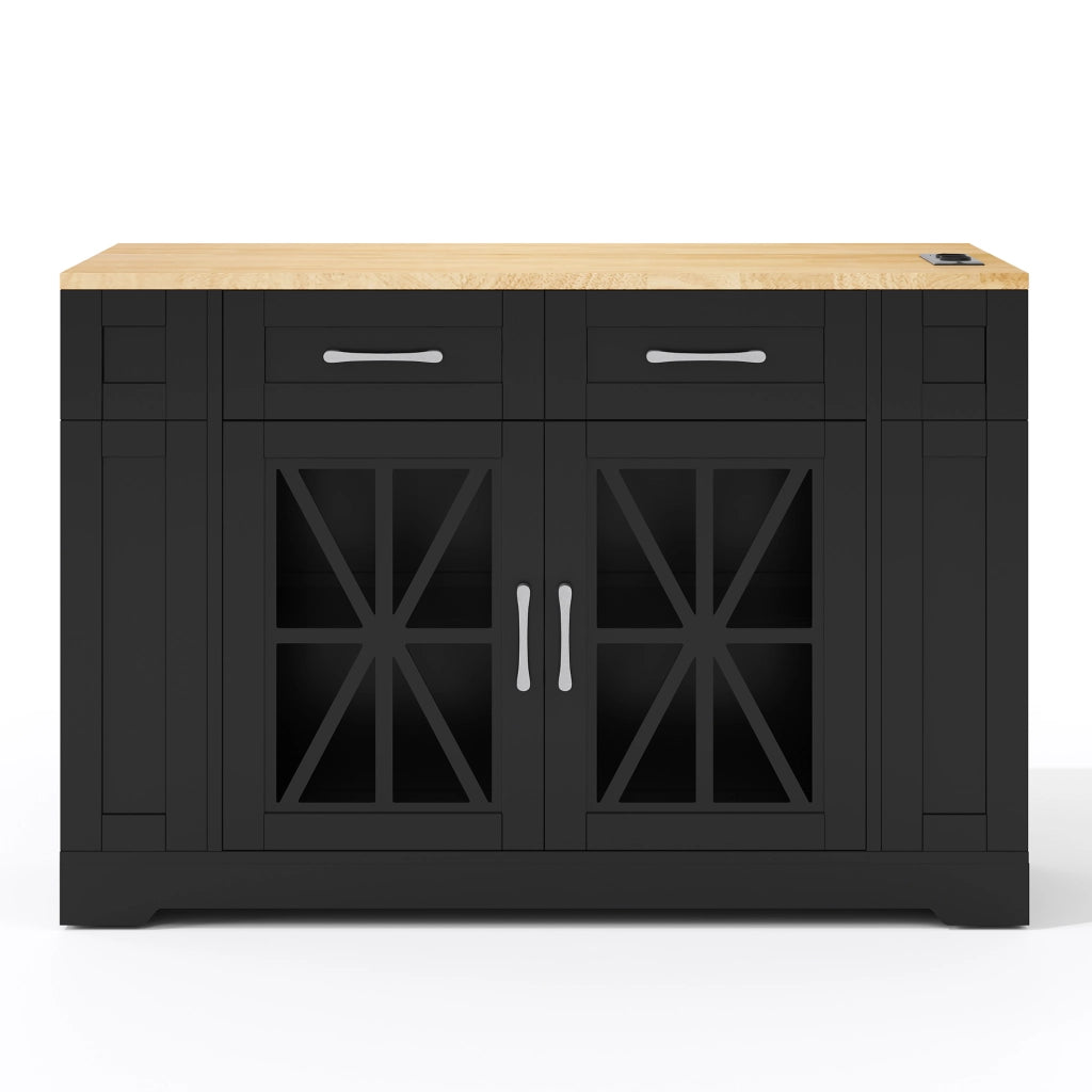 Isola cucina mobile 120 cm con piano ribaltabile, prese AC e USB, ante in vetro, ruote frenate