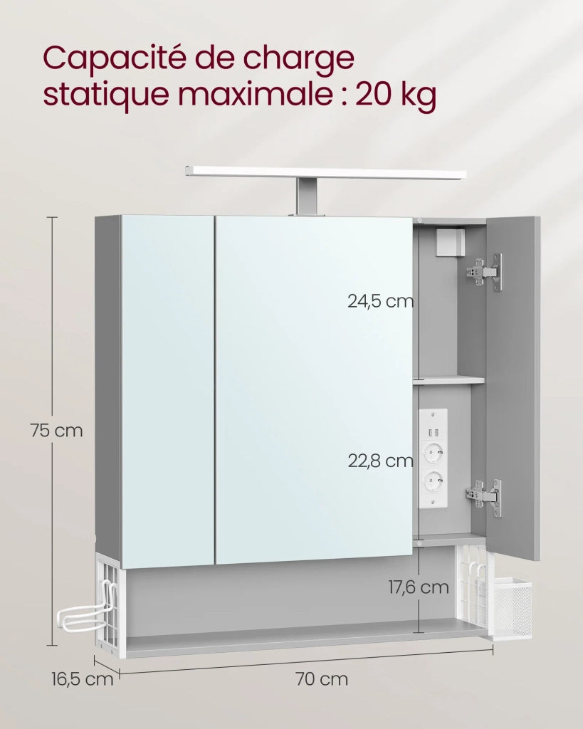 Mobiletto da bagno a 3 ante da parete con specchio multipresa cestino pensile portaphon e lavabo grigio 12_0006465