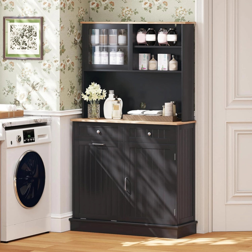 Credenza Alta da Cucina con Supporto per Bidoni della Spazzatura, Mobile Cucina Dispensa con Piano di Lavoro in Legno di Gomma, 2 Cassetti, Armadietto Buffet con Ripiani Regolabili (Nero)