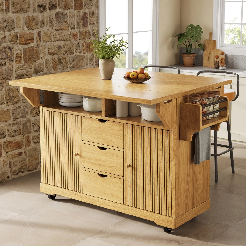 Carrello servitore con estensioni ribaltabili; altezza ergonomica 95 cm; 3 cassetti; marrone naturale