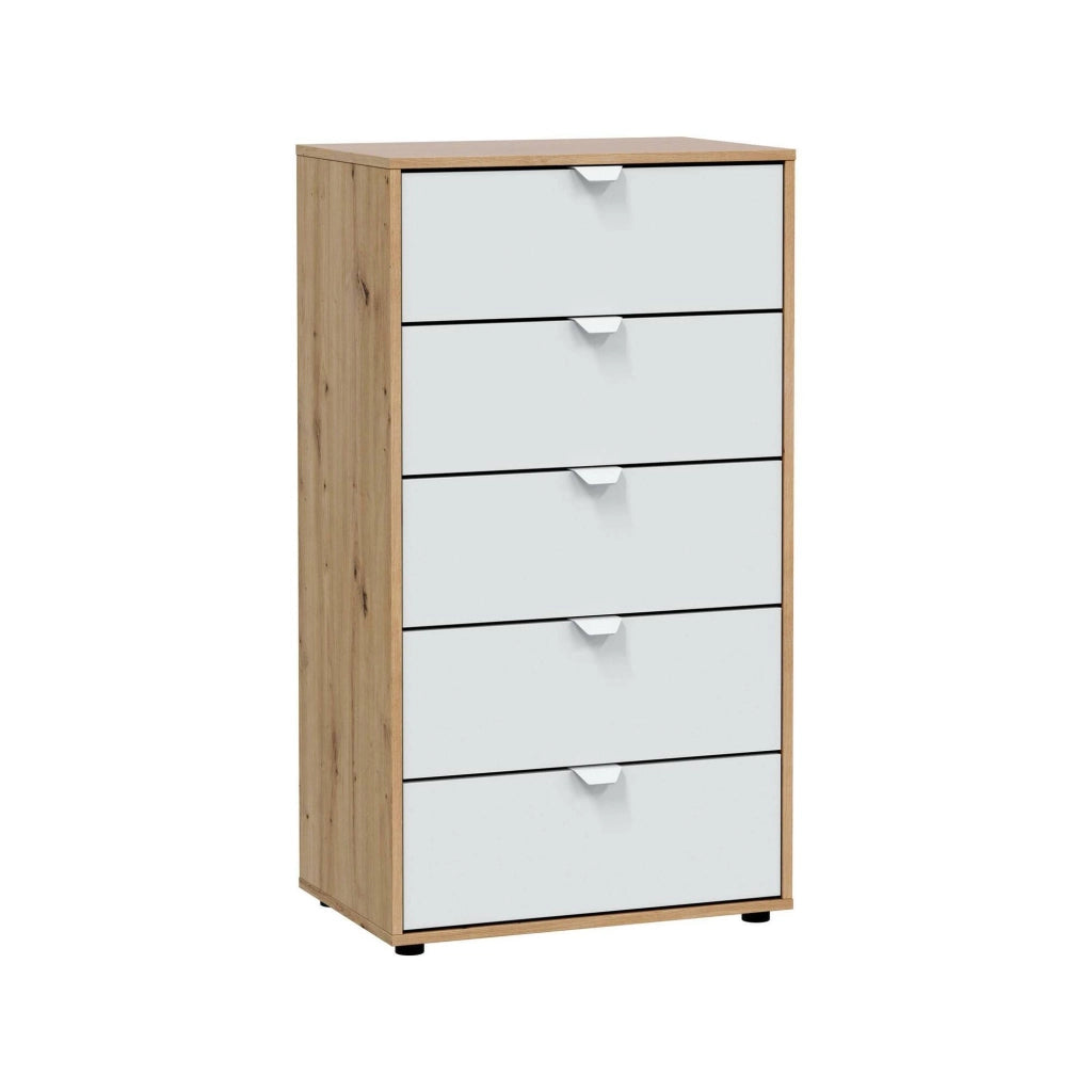 Cassettiera Praha, Settimino multiuso, Comò camera da letto, Mobile con cassetti, 60x40 h109 cm, Bianco e Rovere Nodi