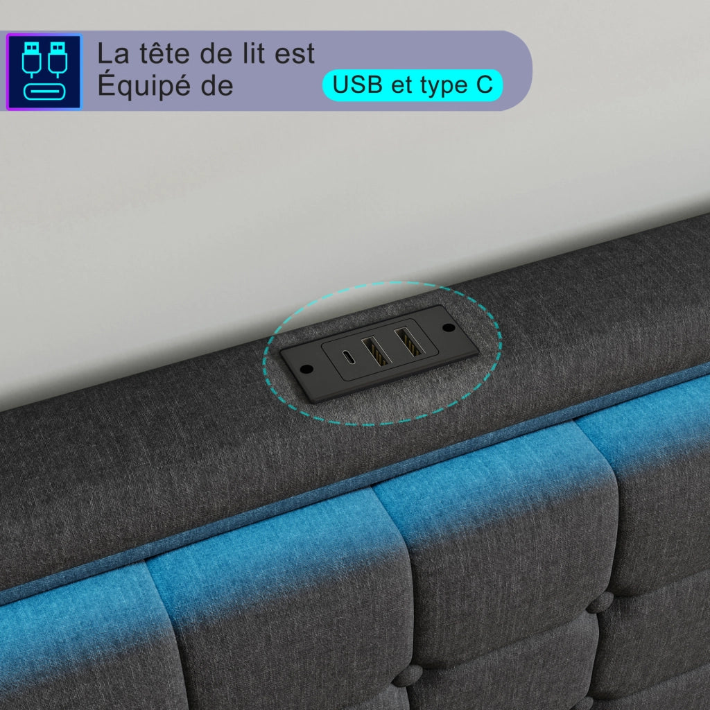 Letto 140x200 cm con 4 cassetti, LED e USB-C in lino grigio scuro