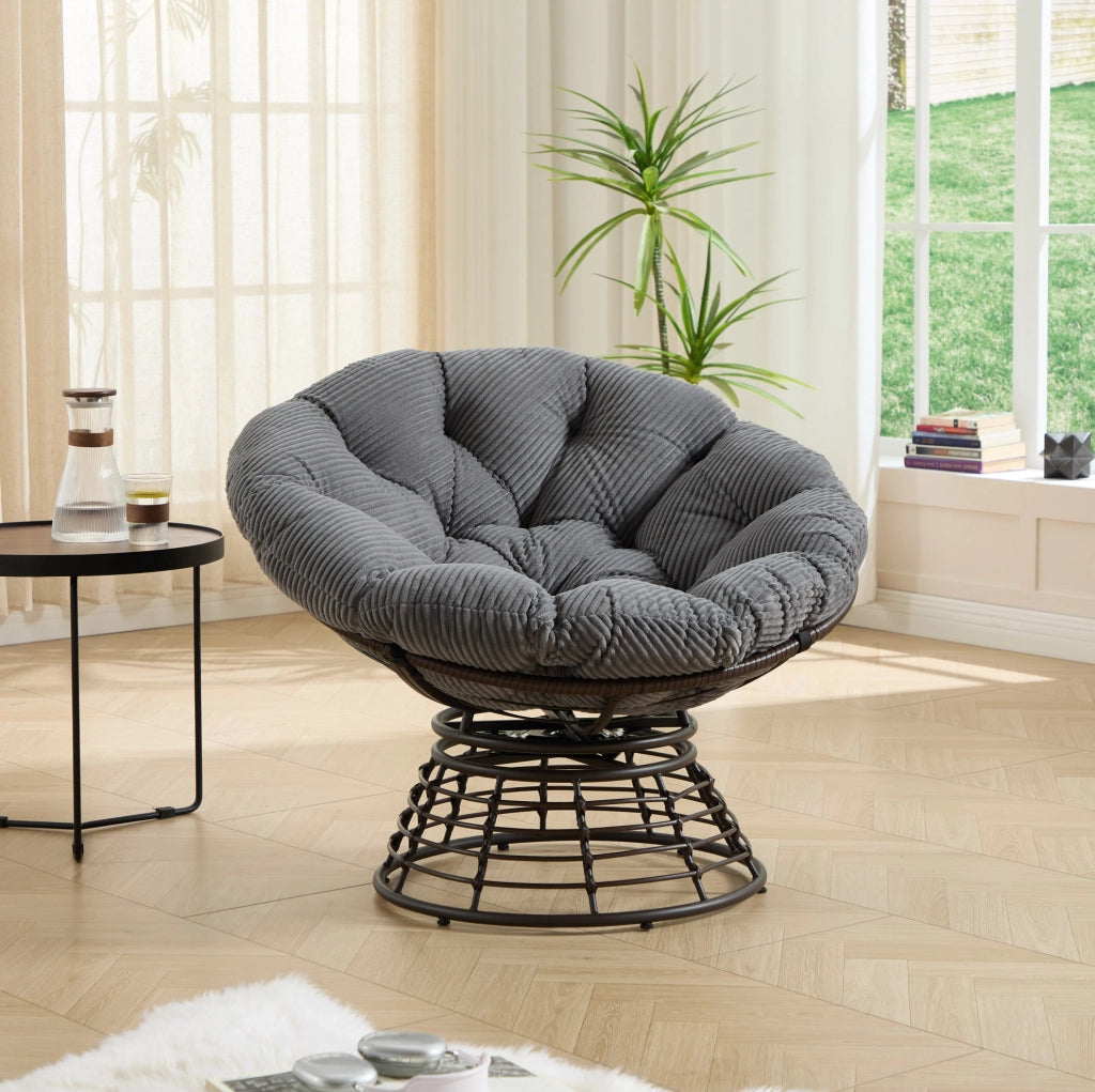Poltrona Papasan girevole con cuscino grigio e struttura marrone