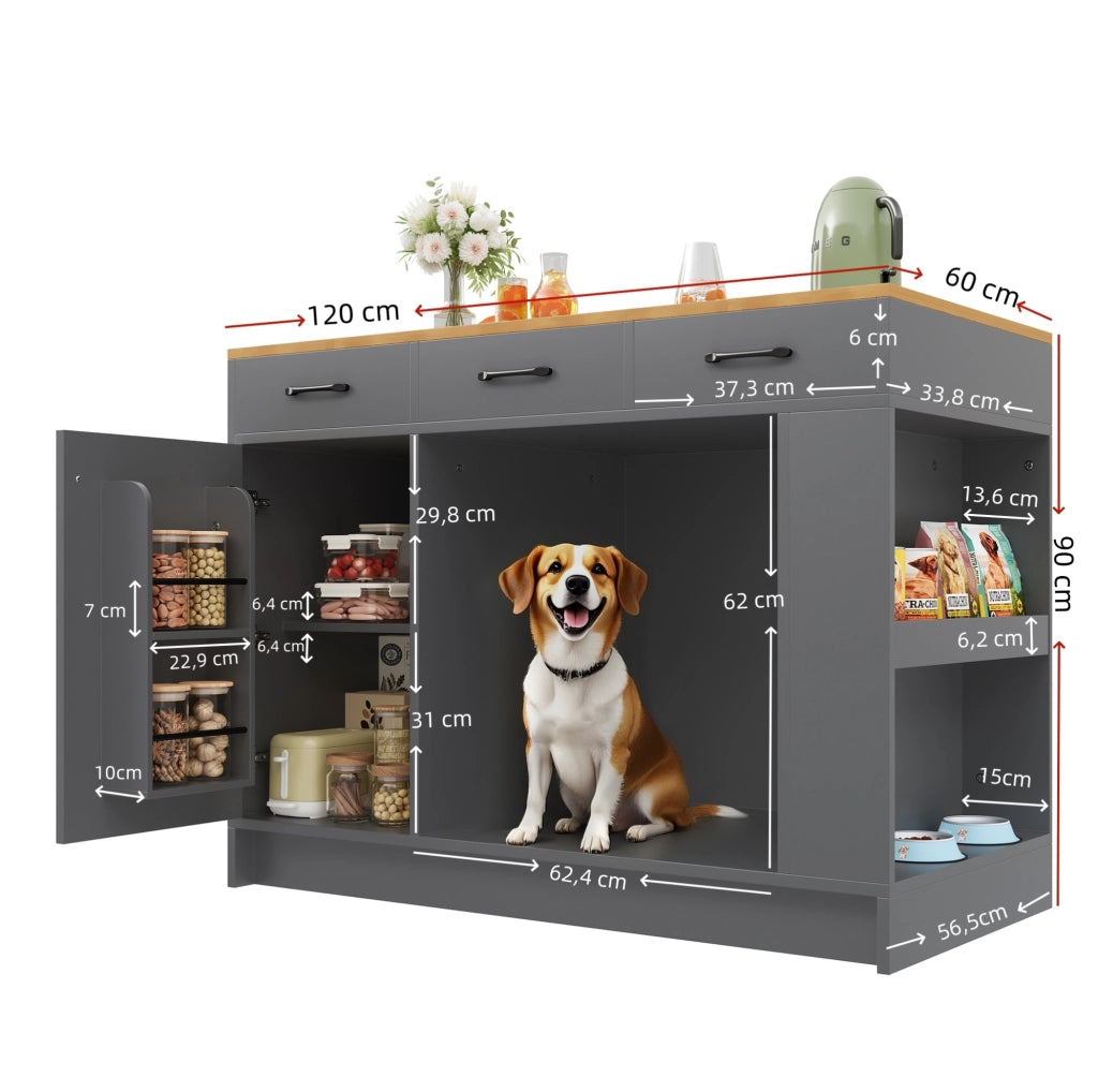 Carrello da cucina grigio con area per animali e 3 cassetti