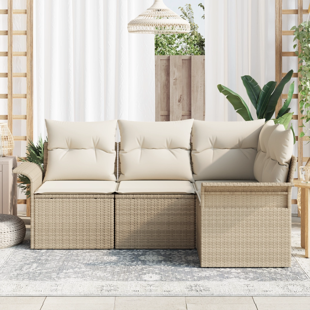 Set divano da giardino 4 pezzi con cuscini in rattan beige