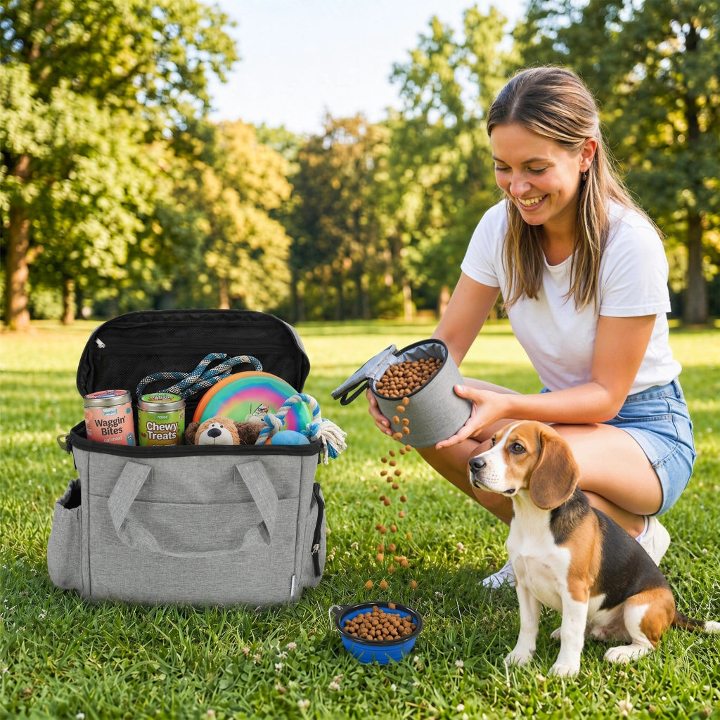 Trasportino per Cani con Scomparti e Ciotole ¨C zephmum ¨C Grigio Chiaro 38x17x35 cm