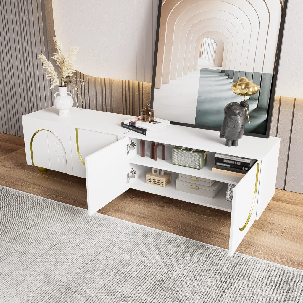 Mobile TV 170x38x44 cm; ante push-to-open con dettagli oro; pannello truciolare bianco