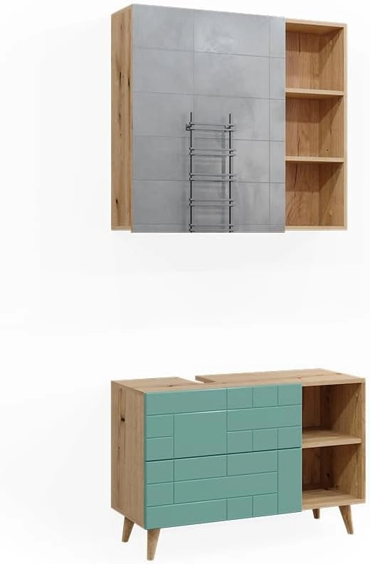 Set di mobili da bagno Rudi, Verde menta, 90 cm, composto da mobile sottolavabo, specchiera e colonna alta