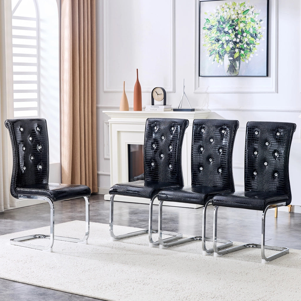 Sedia da pranzo in PVC effetto coccodrillo nera con struttura in metallo cromato e dettagli cristallo