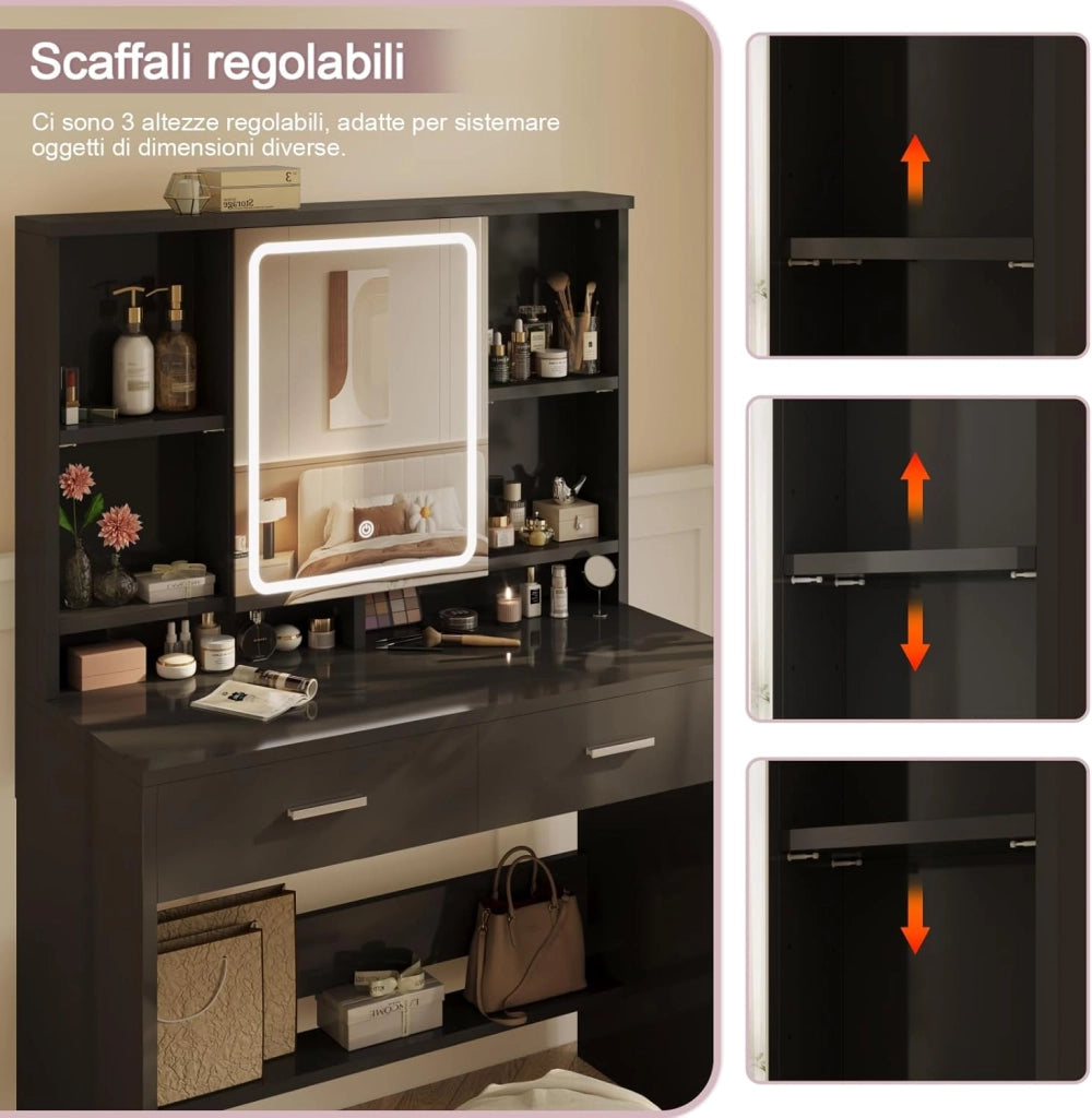 Toeletta Trucco con Luci Led a 3 Colori con Luminosità Regolabile,Tavolo da Trucco con Spazio per Gioielli, 4 Ripiani Regolabili, 2 Cassetti, Stile Moderno, Nero