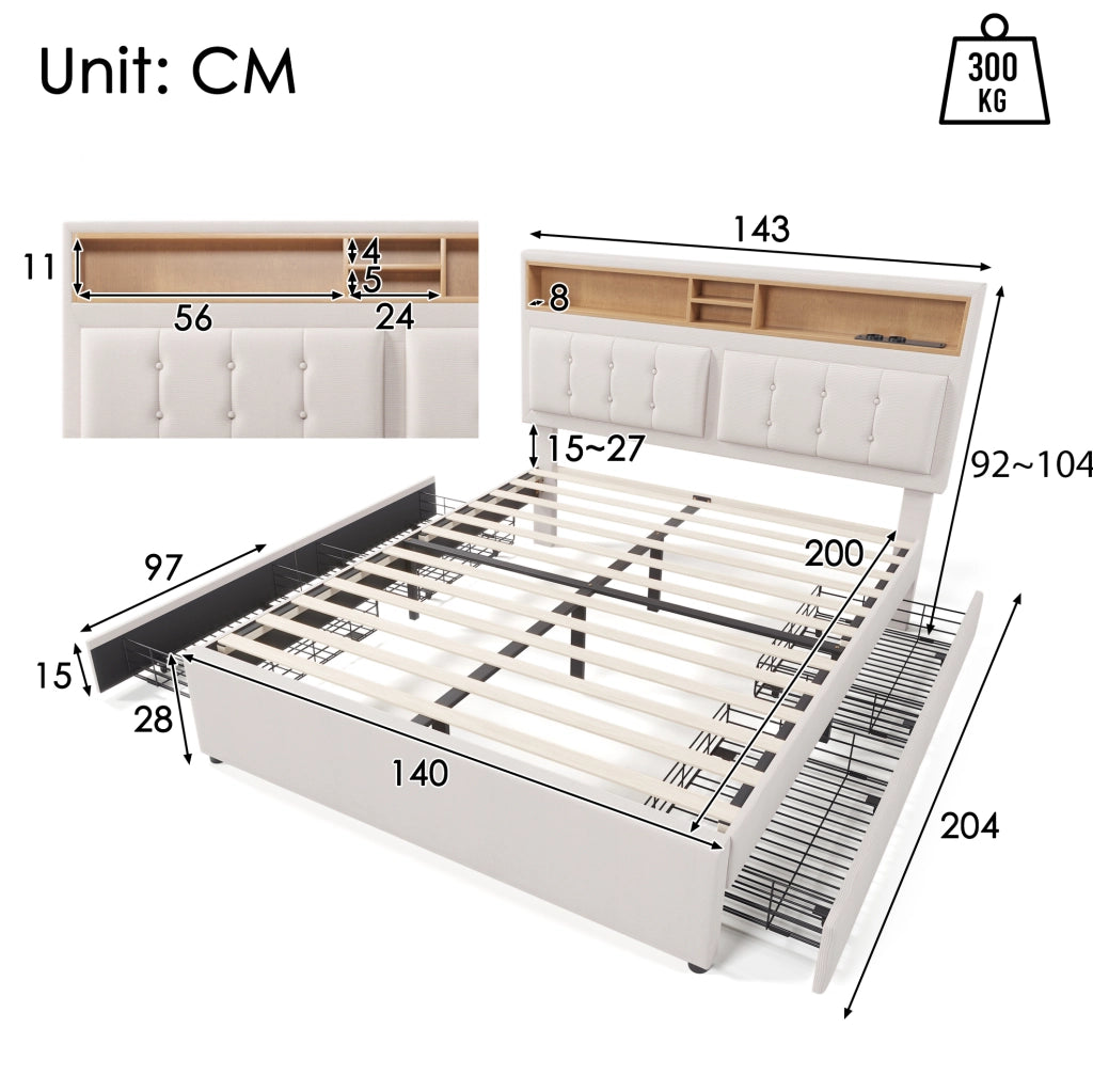 Letto imbottito 140x200 cm con 4 cassetti, USB-C, beige