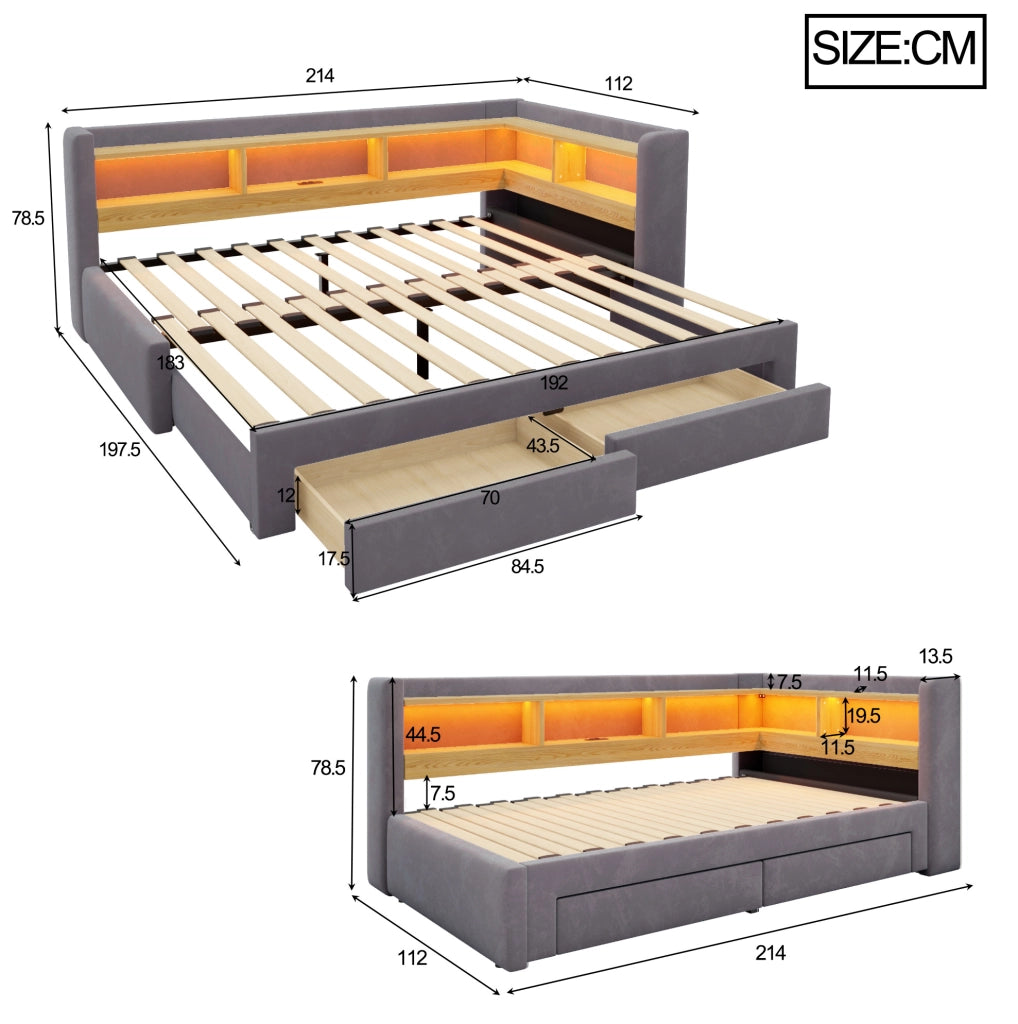 Divano letto estraibile 3 in 1 90x200 cm con cassetti; LED e presa; grigio
