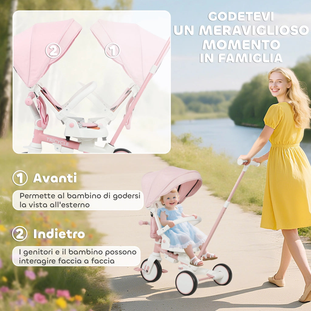 Triciclo 5 in 1 per Bambini con Maniglione di Spinta e Copertura ¨C Xylo ¨C Rosa, 96.5x49x101 cm