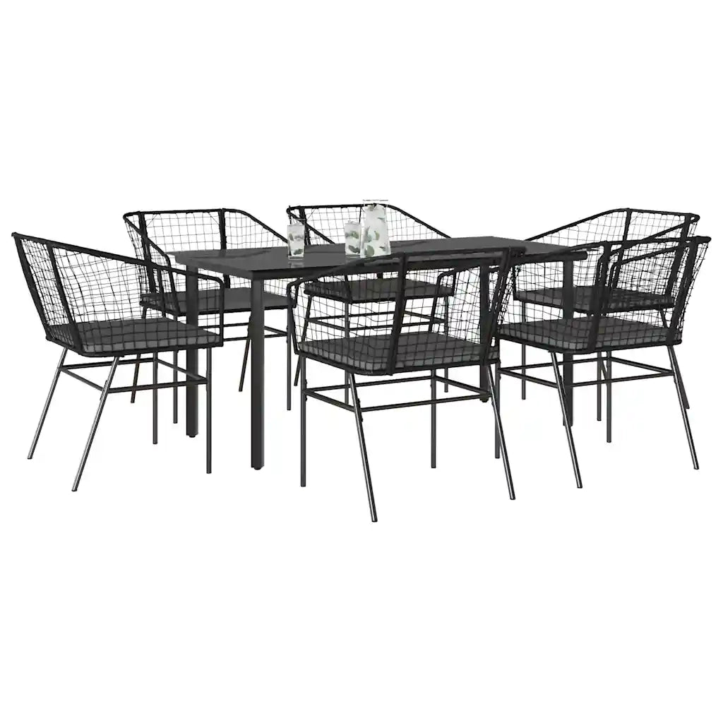 Set Pranzo da Giardino 7 pz Nero con Cuscini Polyrattan Vetro 3334601