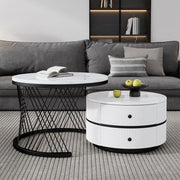 Set 2 Tavolini da Caff¨¨ Rotondi ¨C MINIMAL ¨C Bianco Lucido Effetto Marmo, 2 Cassetti, 60x60x46 e 50x50x31