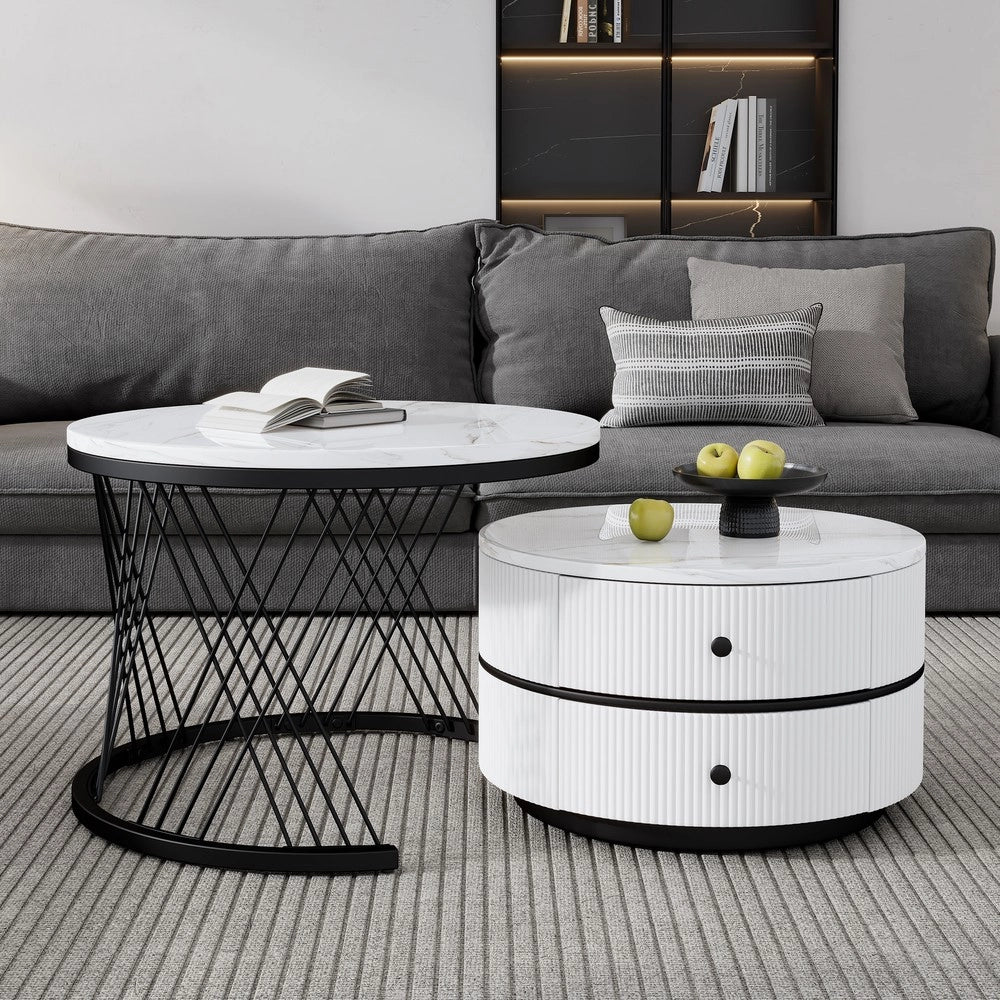 Set 2 Tavolini da Caff¨¨ Rotondi ¨C MINIMAL ¨C Bianco Lucido Effetto Marmo, 2 Cassetti, 60x60x46 e 50x50x31