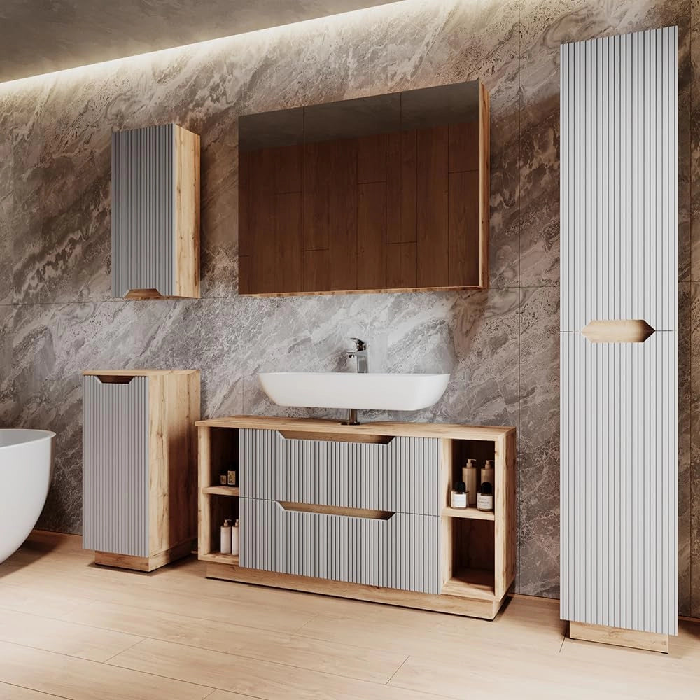 Set di mobili da bagno Lotta, Rovere/grigio a righe, 5 parti