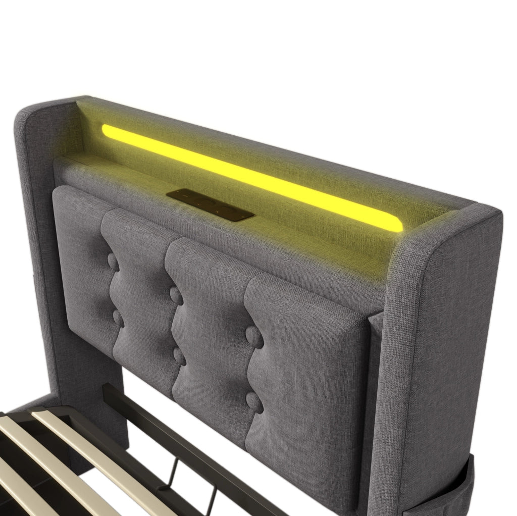 Letto singolo ULEVR 90x200 cm con contenitore a gas, testiera LED con 2 prese, USB e Type-C, grigio