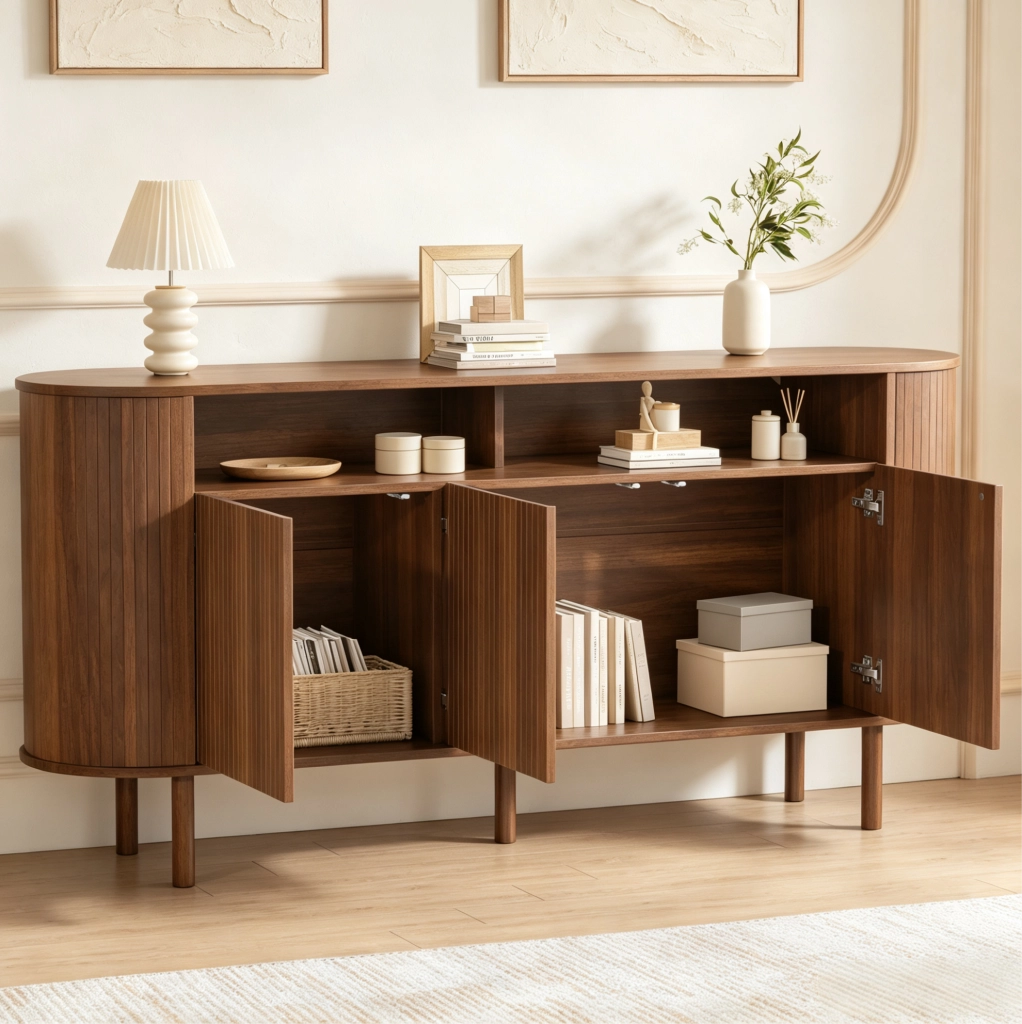 Credenza sideboard 160x40x78;5 cm con 3 ante ondulate e 2 vani aperti; in truciolare; noce