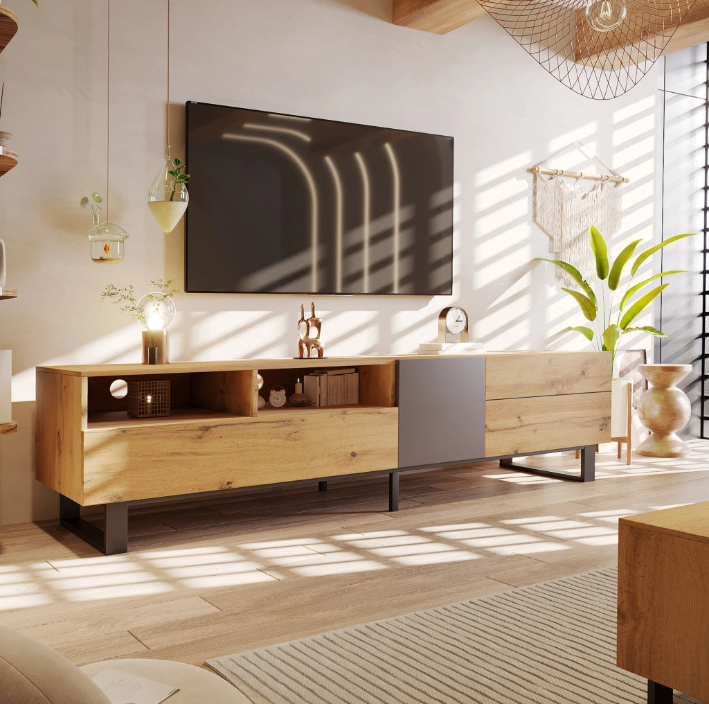 Mobile TV 180x38x50 cm; ampio spazio contenitivo con push-open; MDF; nero e grigio