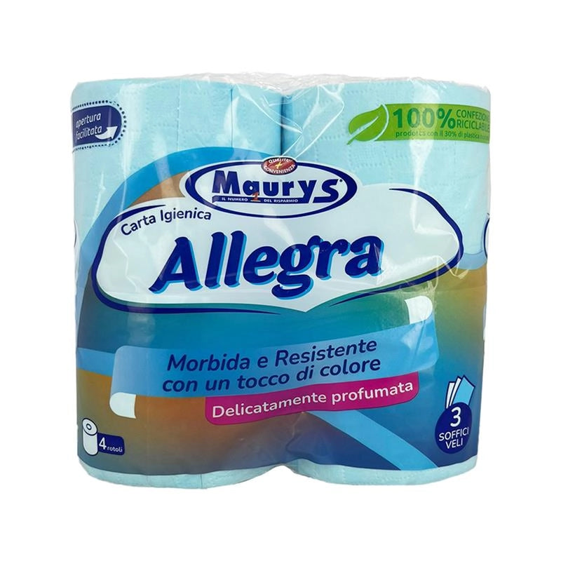 MAURY'S CARTA IGIENICA 4 ROTOLI 3 VELI COLORE CELESTE DELICATAMNETE PROFUMATA MORBIDA E RESISTENTE 550 GR