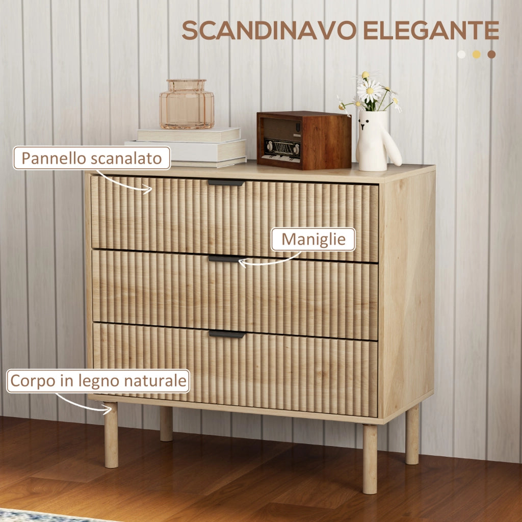 Cassettiera 3 Cassetti in Legno per Camera e Ingresso Stile Nordico, 80x40x77.5 cm, Rovere