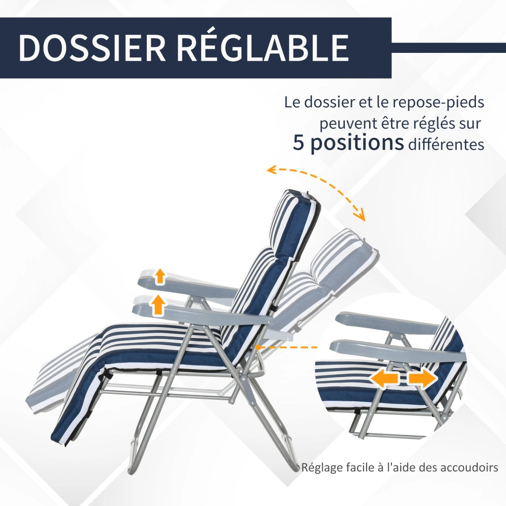 Chaise Longue Pieghevole Regolabile con Cuscino ¨C Zephmum ¨C Blu e Bianco in Acciaio