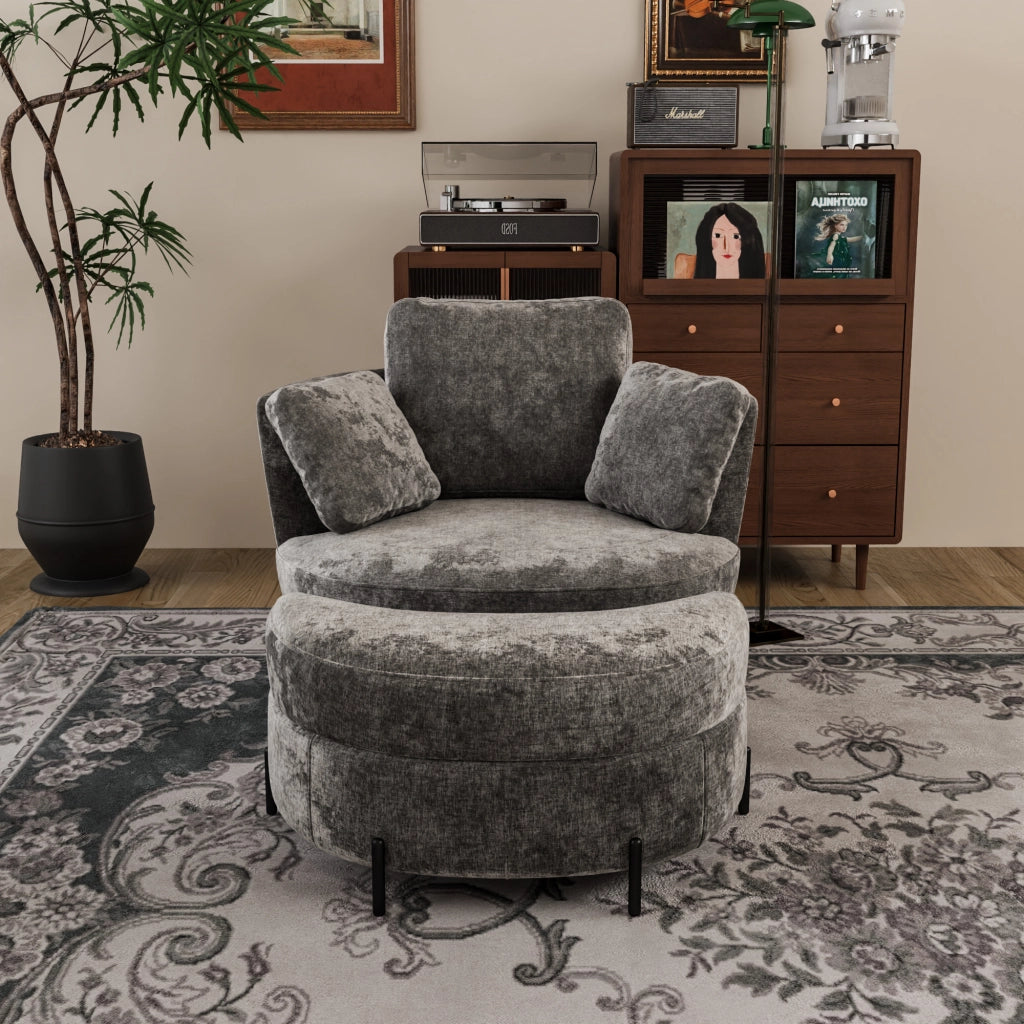 Poltrona XXL con Pouf a Luna ¨C MINIMAL ¨C Grigio, Tessuto Chenille, Cuscini