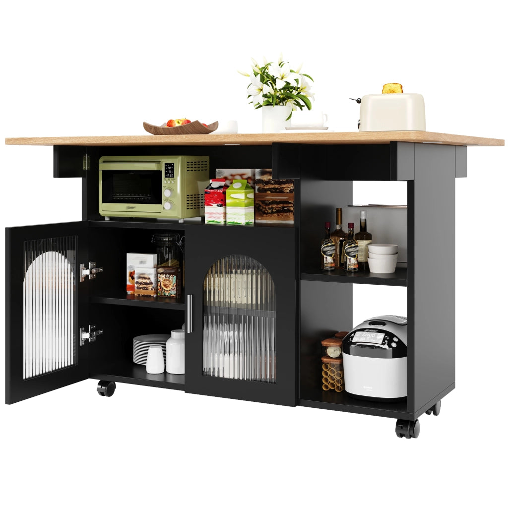 Carrello da Cucina con 2 Ante; 3 Vani; Piano Ribaltabile e Ruote; in MDF e Vetro; 120 x 30 x 79.5 cm; Nero e Naturale