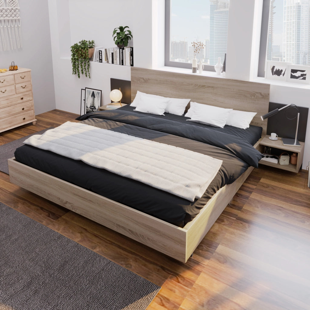 Letto Matrimoniale 160 x 200 cm con 2 Comodini Integrati - in Legno Massello - Grigio