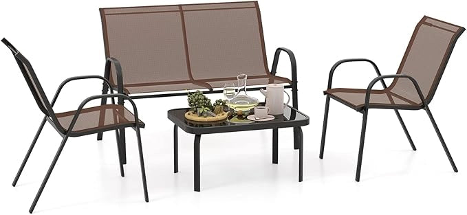 Set Tavolo e Poltrona da Giardino, Set di Mobili 4 Pezzi per Esterno, con Tavolino in Vetro Temperato, Panca e 2 Poltrone, per Giardino Balcone Piscina (Marrone)