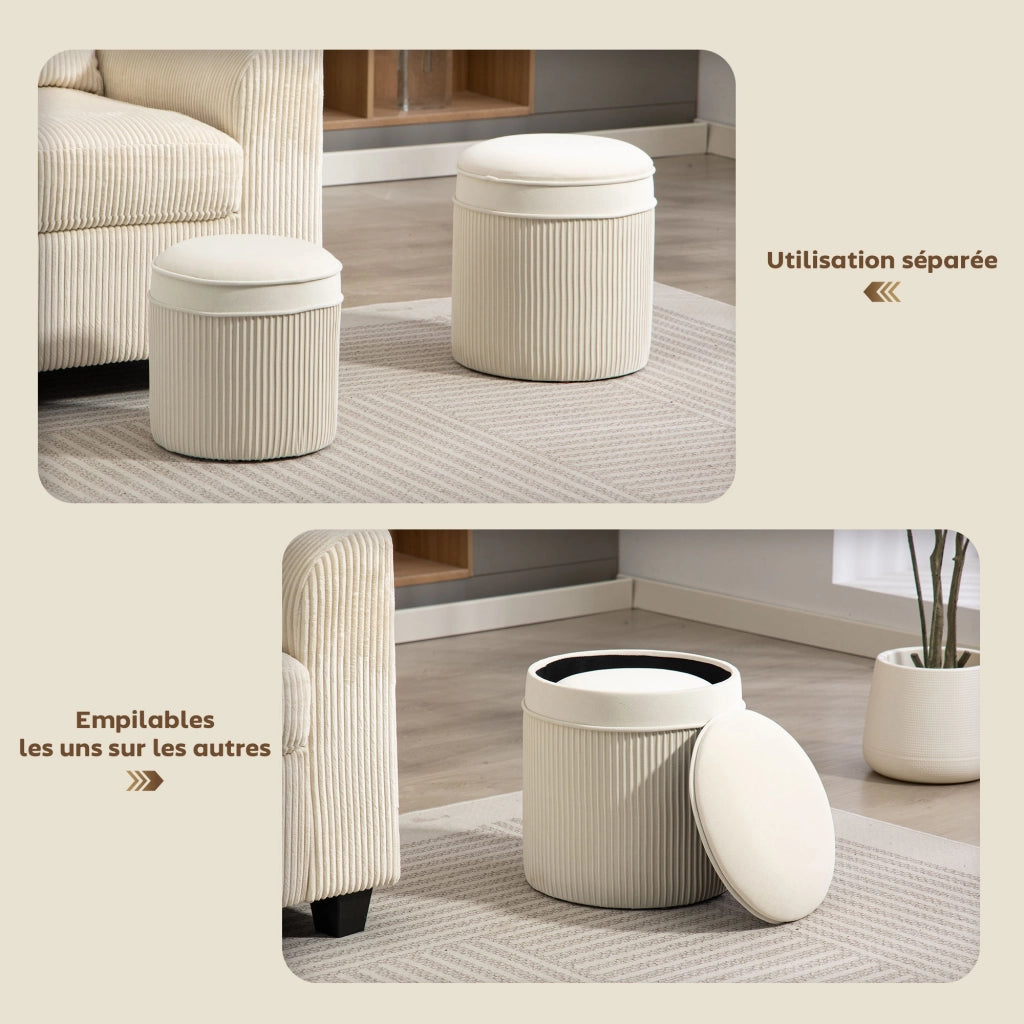 Pouf tondo con coperchio e cassetti ¨C Zephmum ¨C Cr¨¨me, velluto, ? 36 e 32 cm