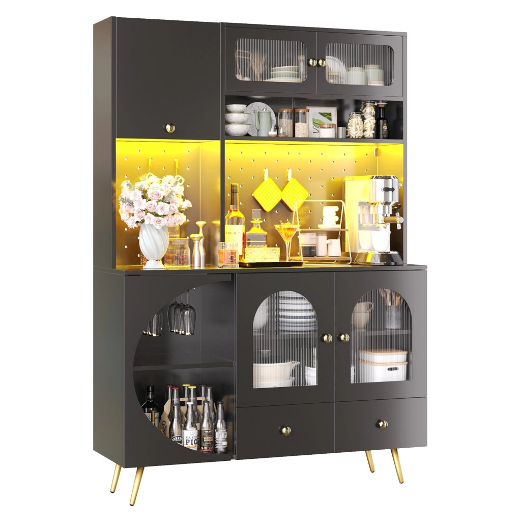 Credenza 120x40x176 cm con LED; prese USB e AC in MDF e vetro nero
