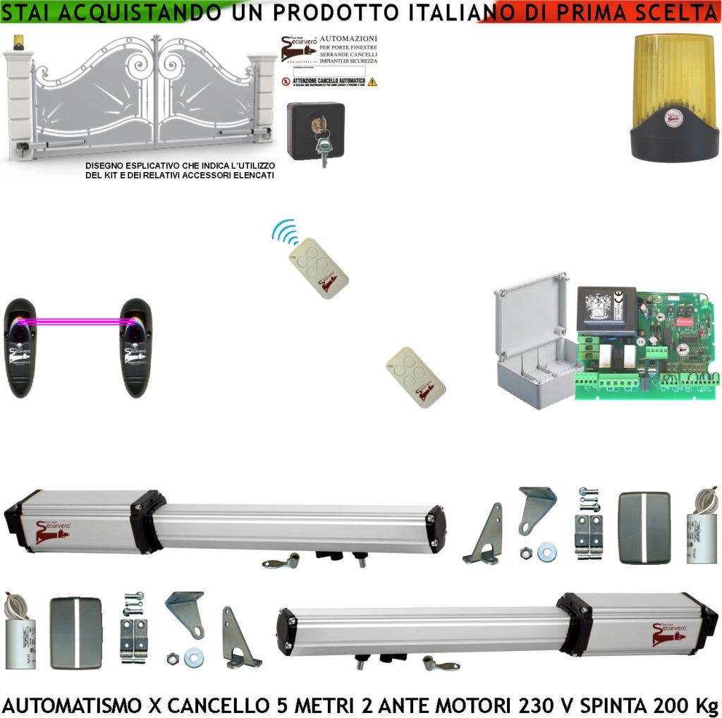 Cancello Elettrico 5 Metri 2 Ante da 2,5 MT Kit Motori Elettromeccanici 230 V Corsa 400mm Spinta 2 Q.li Sblocco Staffe 2 Radiocomandi Coppia Fotocellule Selettore 2 Ck Faro Movimenti Cartello Monitor