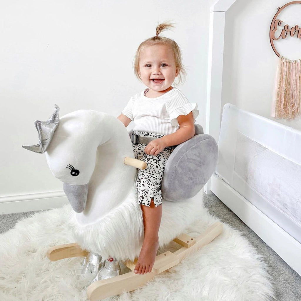 EasyComfort Cavallo a Dondolo per Bambini a Forma di Cigno, Dondolo Giocattolo Cavalcabile per Bambini 18-36 Mesi (Max 40kg), in Legno di Pioppo e Peluche, Bianco e Grigio