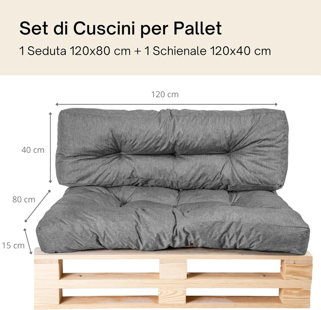 Cuscini per Pallet - Tessuto Idrorepellente e Anti-UV - Molto Confortevole, Imbottito in Schiuma - Cuscini per Divano Esterno Giardino (Seduta 120x80 cm + Schienale 120x40 cm, Grigio)