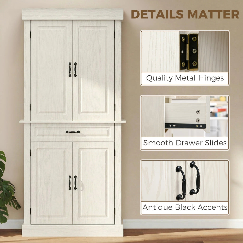 Credenza Cucina con 2 Armadietti e Cassetto in Stile Coloniale, 80x35x180cm Bianco