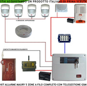 Impianto Antifurto Kit Maury Centrale 5 Zone 4 Infrarossi Contatto Corrazzato Combinatore GSM Allarme e Telegestione Sirena Interna ed Esterna Lampeggiante Tastiera 2 Codici Segreti 100 M.tri Cavo 2+4