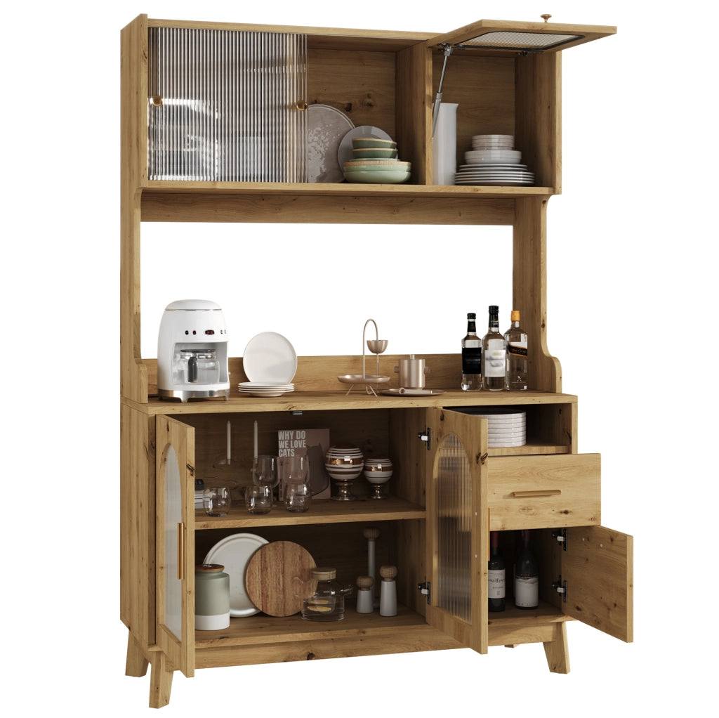 Credenza alta 120x40x178 cm in truciolare con prese; USB-A e USB-C; finitura legno